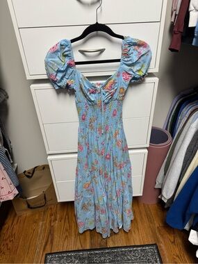 Blue Floral Puff-Sleeve Maxi Dress